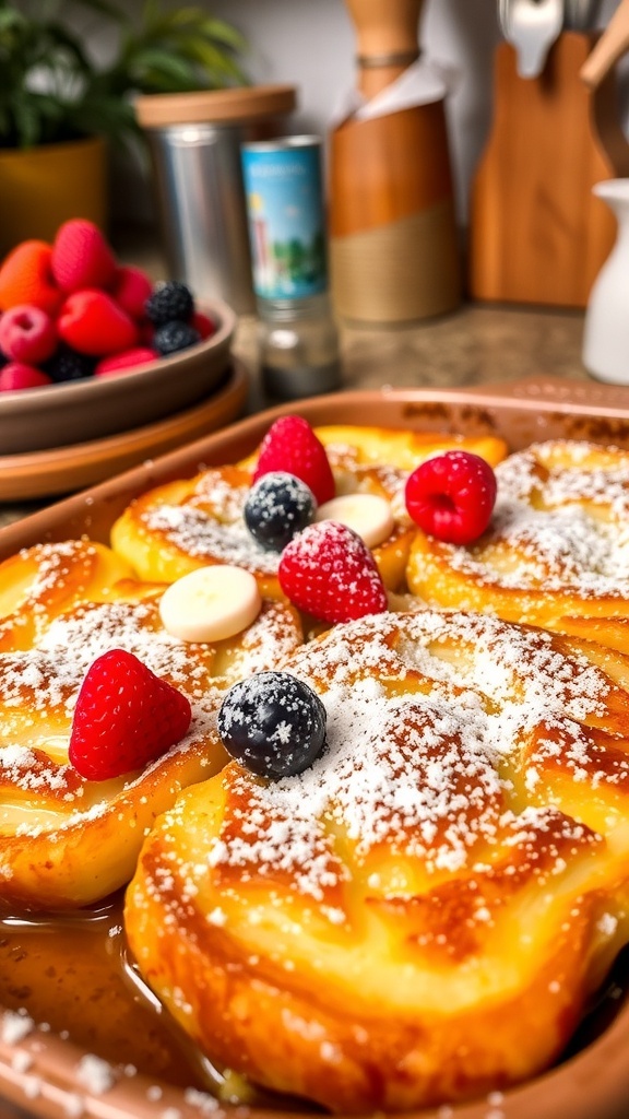 A golden brown French toast casserole topped with powdered sugar and berries, with maple syrup on the side.